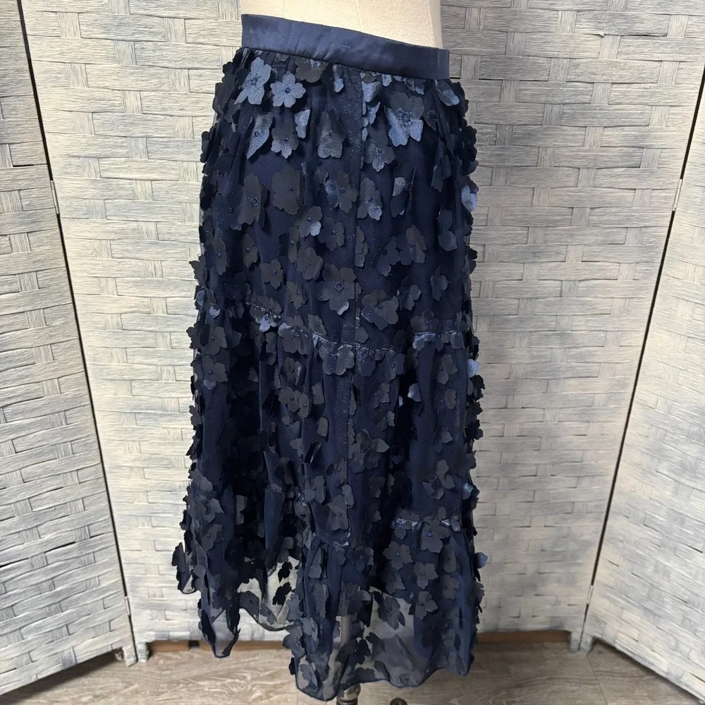 Eva‎ Franco Navy Blue Tiered Skirt Floral Applique Mesh Midi 6